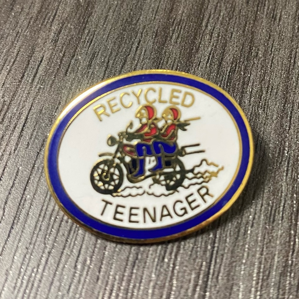 Unique Vintage Blue and Gold 'Recycled Teenager' Pin